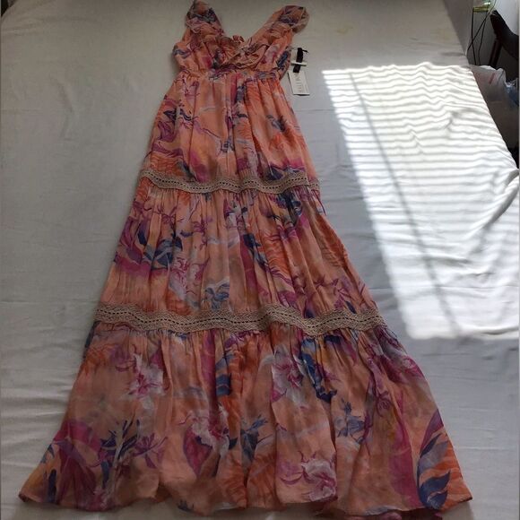 Hale Bob Orange Gianna Lace Insert Maxi Dress New Size Small - Picture 11 of 13